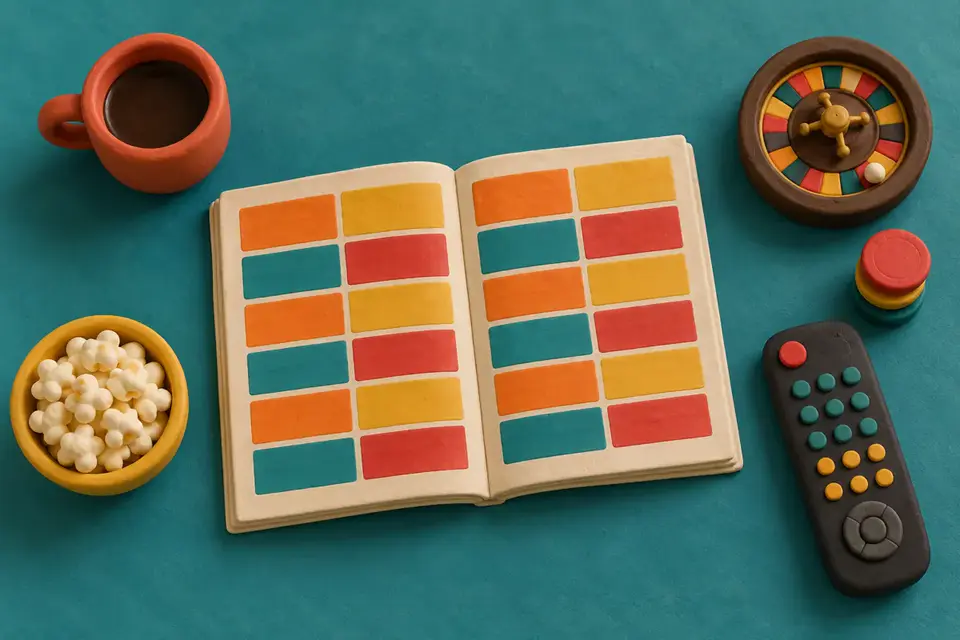 A clay TV listings magazine beside a remote control, a roulette wheel and chips